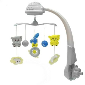 Carusel muzical, BabyMix, Pentru patut bebelusi, Cu proiectii, Cu melodii si sunete ale naturii, Cu 10 jucarii si ceas de jucarie pe suport, Gri