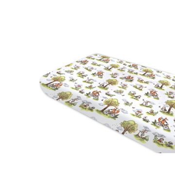 Cearceaf cu elastic, Qmini, Pentru pat 160x80 cm, Din bumbac certificat Oeko Tex Standard 100, Fox on bikes Natural