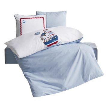 Lenjerie de pat pentru copii albă-albastră din bumbac pentru pătuț cu cearceaf inclus, cu 4 piese 100x150 cm Miniyo – Mijolnir