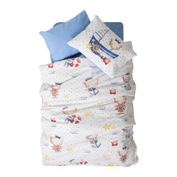 Lenjerie de pat pentru copii albă-albastră din bumbac ranforcé pentru pătuț cu cearceaf inclus, cu 4 piese 100x150 cm Seaman – Mijolnir