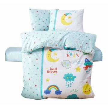 Lenjerie de pat pentru copii albă/verde-mentă din bumbac ranforcé pentru pătuț cu cearceaf inclus/cu 4 piese 100x150 cm – Mijolnir
