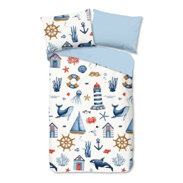 Lenjerie de pat pentru copii albastră-crem din bumbac pentru pat de o persoană 140x200 cm Ahoy – Good Morning