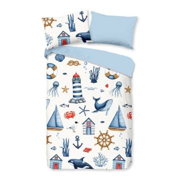Lenjerie de pat pentru copii albastră/crem din bumbac pentru pătuț 100x135 cm Ahoy – Good Morning