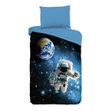 Lenjerie de pat pentru copii albastră din bumbac pentru pat de o persoană 140x200 cm Astronaut – Good Morning