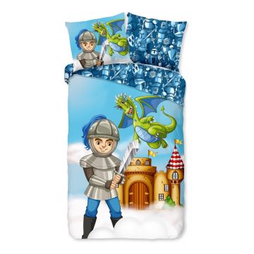 Lenjerie de pat pentru copii albastră din bumbac pentru pat de o persoană/extinsă 140x220 cm Knight – Good Morning