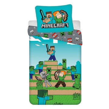 Lenjerie de pat pentru copii din bumbac pentru pat de o persoană 140x200 cm Minecraft 