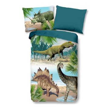 Lenjerie de pat pentru copii verde/albastră din bumbac pentru pat de o persoană 140x200 cm Dino – Good Morning