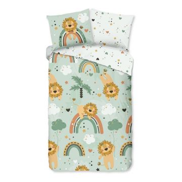 Lenjerie de pat pentru copii verde din bumbac pentru pat de o persoană/extinsă 140x220 cm Lions – Good Morning