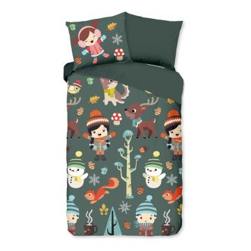 Lenjerie de pat pentru copii verde-închis din bumbac pentru pat de o persoană/extinsă 140x220 cm Fun – Good Morning