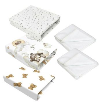 Pachet Starter Kit, Qmini, Cu 3 cearceafuri cu elastic, Din bumbac Oeko-Tex 120x60 cm, Hipoalergenice, Multicolore, 2 protectii impermeabile pentru patut 120x60 cm, Alb