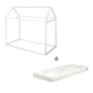 Pat pentru copii alb de tip casă din lemn de pin cu saltea/fără somieră 70x140 cm House Bed – Roba