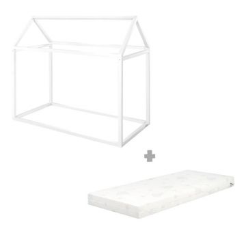 Pat pentru copii alb de tip casă din lemn de pin cu saltea/fără somieră 70x140 cm House Bed – Roba