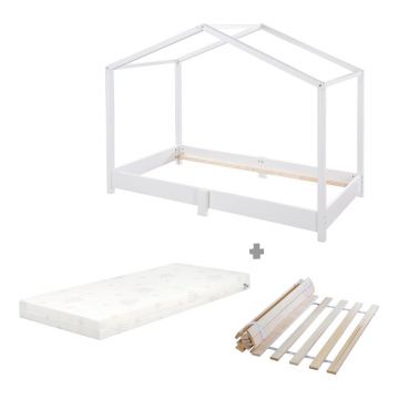 Pat pentru copii alb de tip casă din lemn masiv cu saltea/cu somieră 70x140 cm – Roba