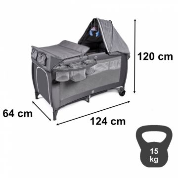 Patut de calatorie multifunctional pentru copii, pliabil, pe doua nivele, cadru stabil din aluminiu, accesorii incluse, cu saltea 60 x 120 x 1cm si geanta de depozitare inclusa