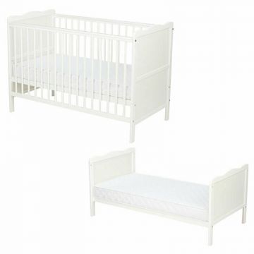 Patut din lemn bebe, 120x60 cm, Cu sina speciala pentru dentitie, Multifunctional, EN716-1, EN716-2, Alb, Qmini, Julia, Resigilat