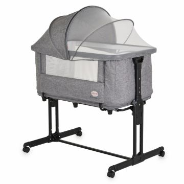 Patut pentru bebelusi 2in1 Moni Baby Crib Gri Melange cu laterala culisanta,Transformabil in tarc,5 nivele de reglare inaltime,Roti cu frana,Capotina cu plasa de insecte,Curele pentru fixare pat parinte,Saltea inclusa