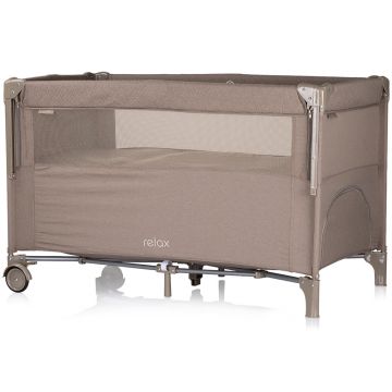 Patut pliabil Chipolino Relax Tiramisu Linen cu laterala culisanta, intrare laterala cu fermoar, geanta pentru transport, greutate admisa 15 kg