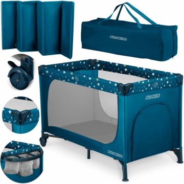 Patut pliabil cu un nivel pentru copii Ricokids,pliere compacta,usa de acces cu fermoar,roti cu frane,husa transport si saltea pliabila incluse Bleumarin