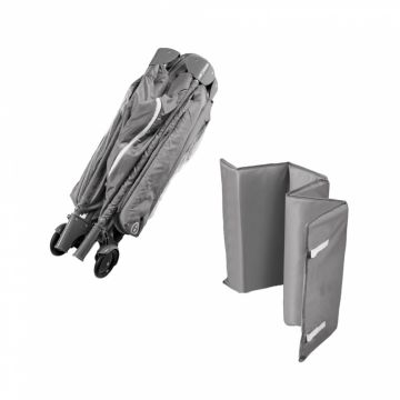 Patut pliabil de calatorie Ikonka Grey pentru copii, cadru din aluminiu, picioare antiderapante si roti cu blocare, buzunar lateral pentru depozitare, saltea pliabila inclusa