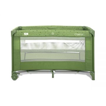 Patut pliabil pentru copii Lorelli Carina Green Stars, 2 nivele, deschidere laterala cu fermoar, prevazut cu roti cu frana