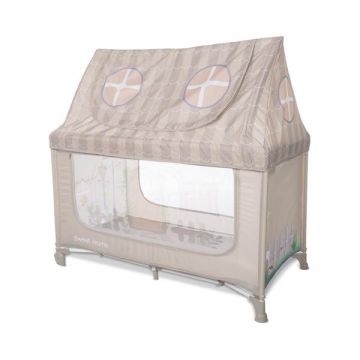 Patut pliabil pentru copii Lorelli Sweet Home Beige 2 nivele, usa laterala cu fermoar, capotina detasabila