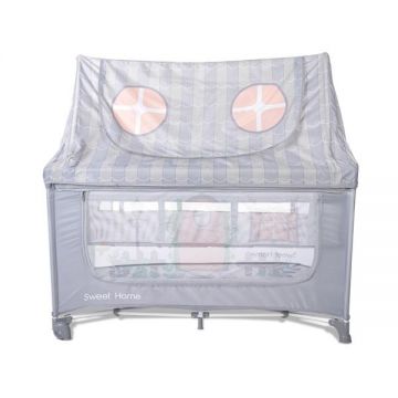 Patut pliabil pentru copii Lorelli Sweet Home Grey 2 nivele, usa laterala cu fermoar, capotina detasabila