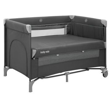 Patut pliant, Baby Mix, Cu doua nivele, Cu laterala culisanta, 120x60 cm, Ideal pt calatorii si uz cotidian, Cu intrare laterala cu fermoar, Roti, Conform cu standardul EN 716: 2017-07, Grey