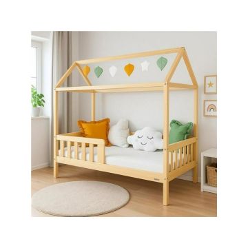 Patut tip casuta din lemn junior, 160x80 cm, Pana la 70 Kg, Cu bariera de protectie, Conform cu EN 716-1:2008, EN 716-2:2008, New Baby, Castello, Natur