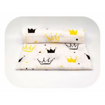 Scutec din muselina tetra 70x80 cm model Crown Black  Yellow