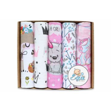 Set 5 scutece din muselina 70x80 cm Eco Box Pink Girl