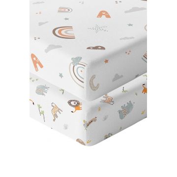 Set cearceaf de pat cu elastic pentru copii, Jungle Abc, Wheeppo, Bumbac Ranforce