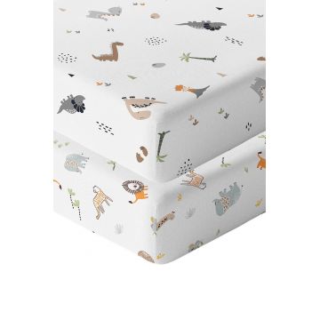 Set cearceaf de pat cu elastic pentru copii, Jungle Dinozor, Wheeppo, Bumbac Ranforce