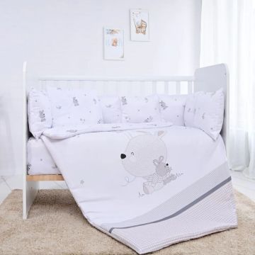 Set lenjerie de pat 5 piese cu protectii laterale Lorelli Ranforce 70 x 140 cm Little Rabbits Gri