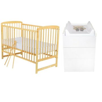 Set mobilier pentru copii, Babyneeds: Patut din lemn de pin, cu somiera reglabila in 3 trepte, Ola, 120x60 cm + Saltea cocos-burete-cocos, 12 cm + Comoda cu masuta de infasat, Alb/Natur