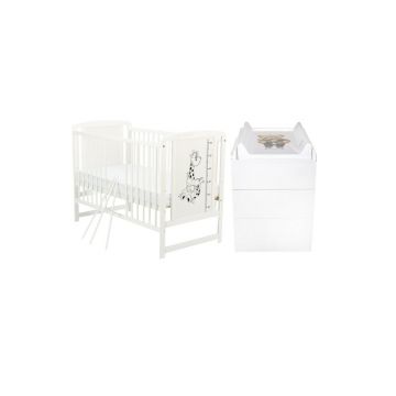 Set mobilier pentru copii, BabyNeeds: Patut din lemn de pin, cu somiera reglabila in 3 trepte, Timmi Girafa, 120x60 cm + Saltea cocos-burete 10 cm + Comoda cu masa de infasat, Alb