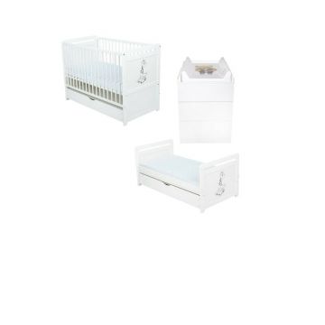 Set mobilier pentru copii, BabyNeeds: Patut multifunctional din lemn de pin, transformabil junior, cu sertar si somiera reglabila in 3 trepte, Nadia II, 120x60 cm + Saltea cocos-burete 12 cm + Comoda cu masa de infasat, Alb