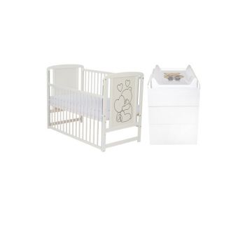 Set mobilier pentru copii, Qmini: Patut din lemn de pin cu roti, cu laterala culisanta si somiera reglabila in 3 trepte, Timmi Heart, 120x60 cm + Saltea cocos-burete-cocos, 10 cm + Comoda cu masuta de infasat, Alb