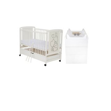 Set mobilier pentru copii, Qmini: Patut din lemn de pin si MDF cu roti, cu sertar cu capac si somiera reglabila in 3 trepte, Timmi Heart, 120x60 cm + Saltea cocos-burete-cocos, 8 cm + Comoda cu masuta de infasat, Alb