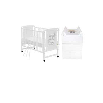 Set mobilier pentru copii, Qmini: Patut din lemn de pin si MDF cu roti, cu somiera reglabila in 3 trepte, Timmi Elefant, 120x60 cm + Saltea cocos-burete-cocos, 12 cm + Comoda cu masuta de infasat, Alb