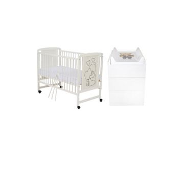 Set mobilier pentru copii, Qmini: Patut din lemn de pin si MDF cu roti, cu somiera reglabila in 3 trepte, Timmi Heart, 120x60 cm + Saltea cocos-burete-cocos, 10 cm + Comoda cu masuta de infasat, Alb
