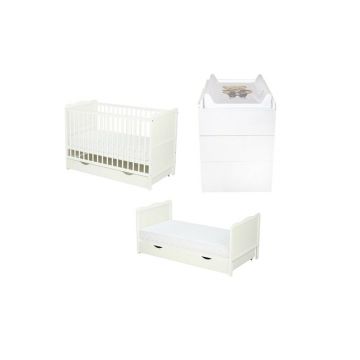 Set mobilier pentru copii, Qmini: Patut multifunctional din lemn de pin, cu sertar si somiera reglabila in 3 trepte, Julia, cu protectie dentitie, 120x60 cm + Saltea cocos-burete 10 cm + Comoda Qmini cu masa infasat, Alb