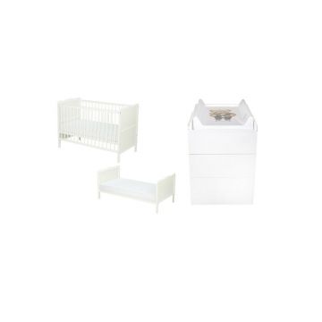 Set mobilier pentru copii, Qmini: Patut multifunctional din lemn de pin, cu somiera reglabila in 3 trepte si cu protectie pentru dentitie, Julia, 120x60 cm + Saltea cocos-burete 8 cm + Comoda cu masa infasat, Alb