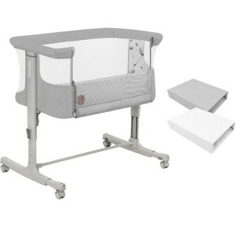 Set patut co-sleeper, Lionelo, Aurora, cu leganare si setare unghiulara, 3 in 1, 85x60x66 cm, Gri deschis+ 2 cearceafuri cu elastic, Qmini, din bumbac certificat Oeko Tex, Alb & Gri