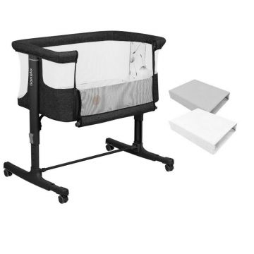 Set patut co-sleeper, Lionelo, Aurora, cu leganare si setare unghiulara, 3 in 1, 85x60x66 cm, Gri inchis+ 2 cearceafuri cu elastic, Qmini, din bumbac certificat Oeko Tex, Alb & Gri