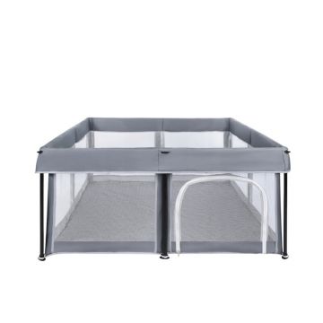 Tarc de joaca copii, Primabobo, Tina, Include intrare laterala, Din plasa Oxford, Usor de asamblat si de pliat, Pentru interior si exterior, Conform cu EN 12227, Dimensiune 120x120 cm, Gri