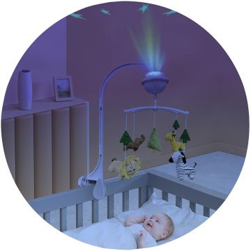 Carusel muzical pentru patut Chipolino Jungle cu proiector, functie bluetooth, volum reglabil, prindere universala, jucarii detasabile