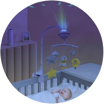 Carusel muzical pentru patut Chipolino Penguin cu proiector, functie bluetooth, volum reglabil, prindere universala, jucarii detasabile