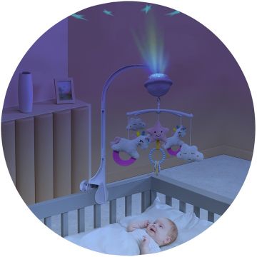 Carusel muzical pentru patut Chipolino Unicorn cu proiector, functie bluetooth, volum reglabil, prindere universala, jucarii detasabile