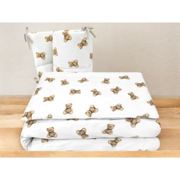 Lenjerie patut 3 piese Qmini, pentru patut 120x60 cm, cu protectie laterala, din bumbac, Teddy Toys