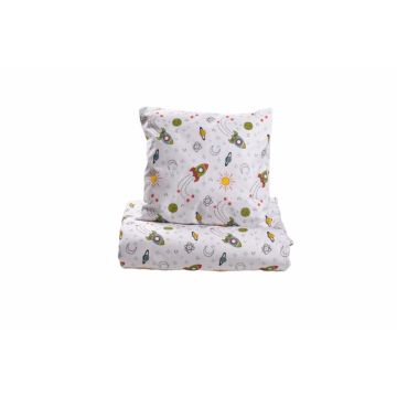 Lenjerie patut gradinita 3 piese patut stivuibil din bumbac model rachete